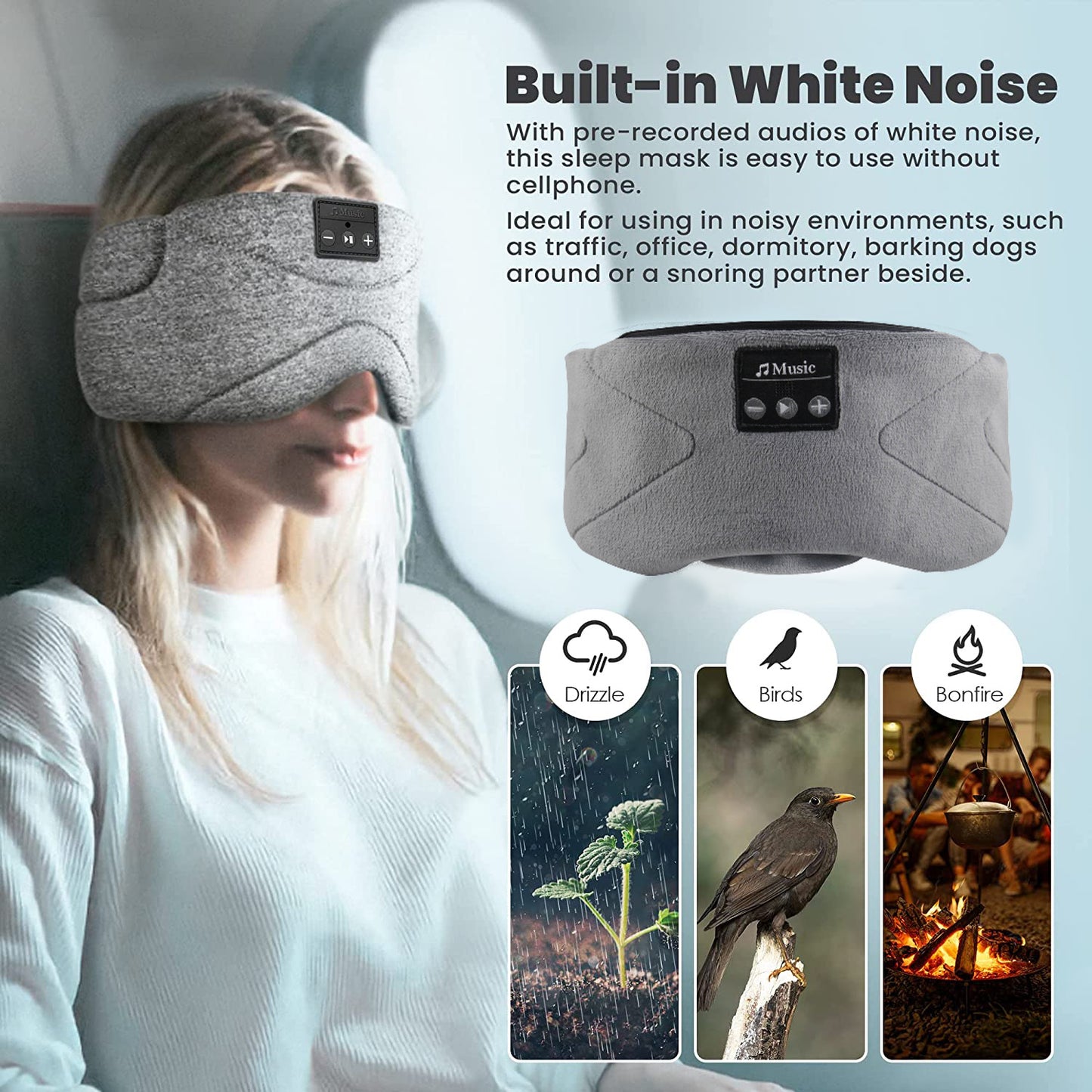Sleep Mask with Built-In White Noise in Gray