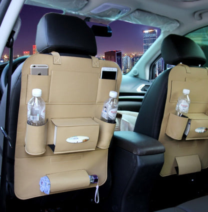 Brown Rectangular Car Seat Organizer with Multiple Pockets