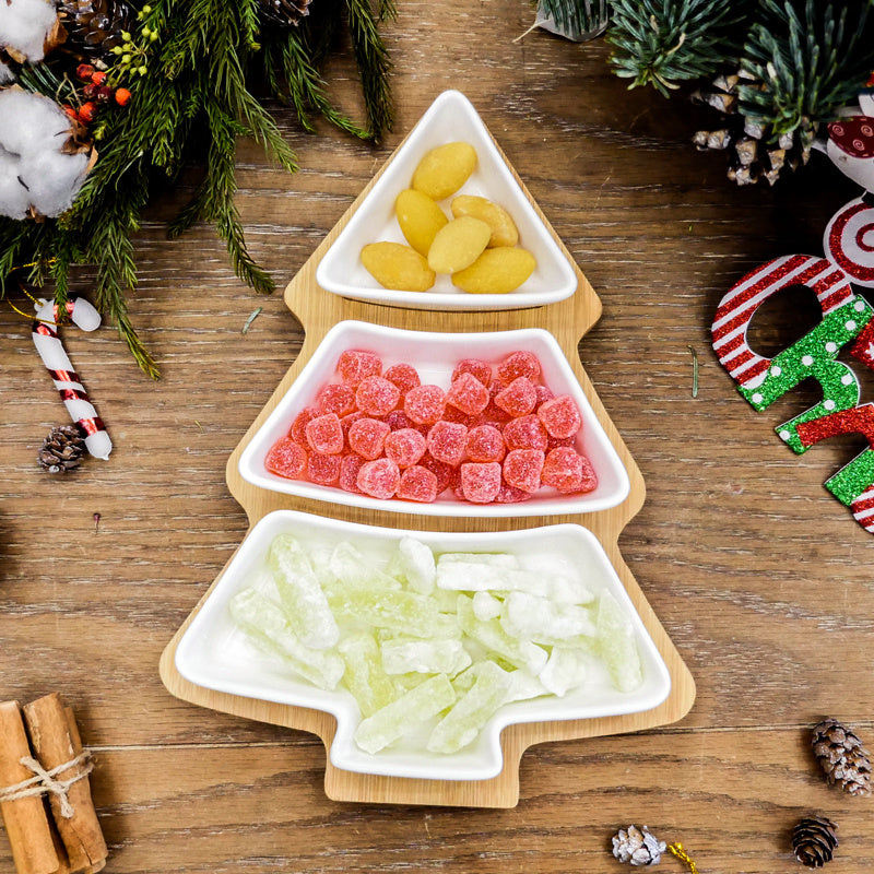 Eco-Friendly Bamboo Christmas Tree Serving Platter with Ceramic Dishes