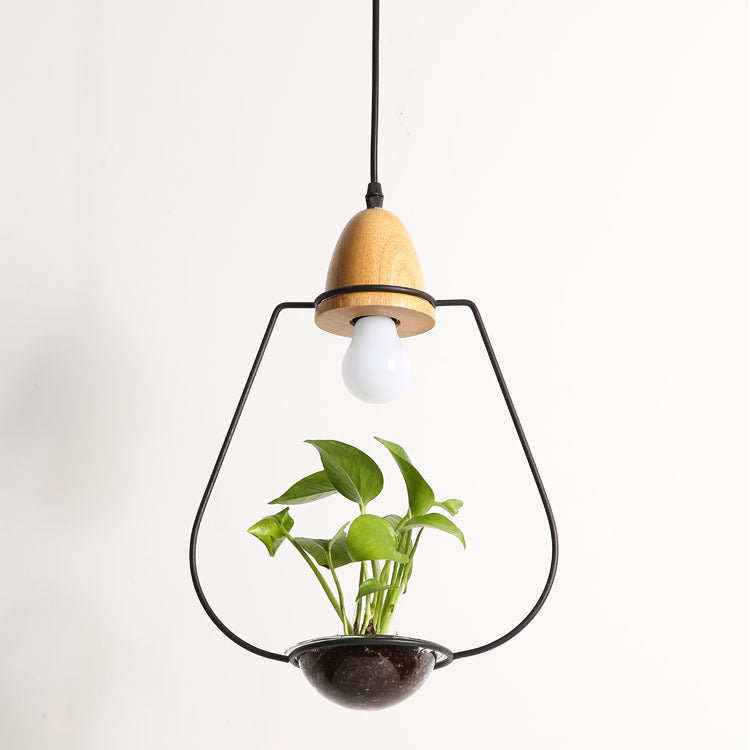 Teardrop Hanging Light Fixture with Integrated Planter - Black Frame, Wooden Accent