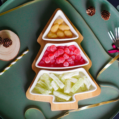 Bamboo Christmas Tree Serving Platter with Ceramic Dishes