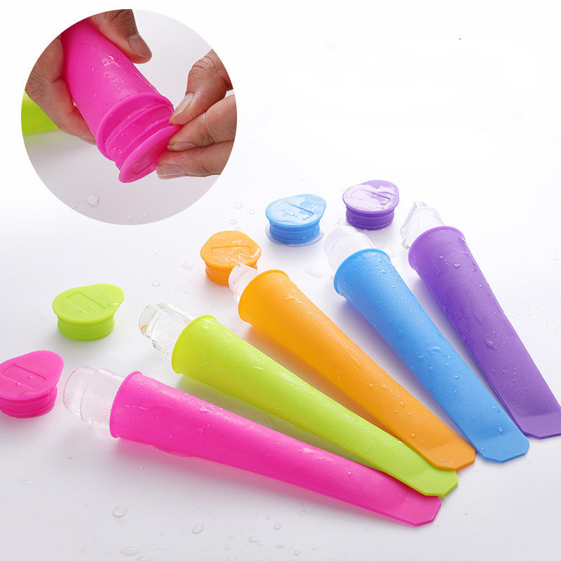 Colorful silicone ice pop molds in pink, green, orange, blue, and purple
