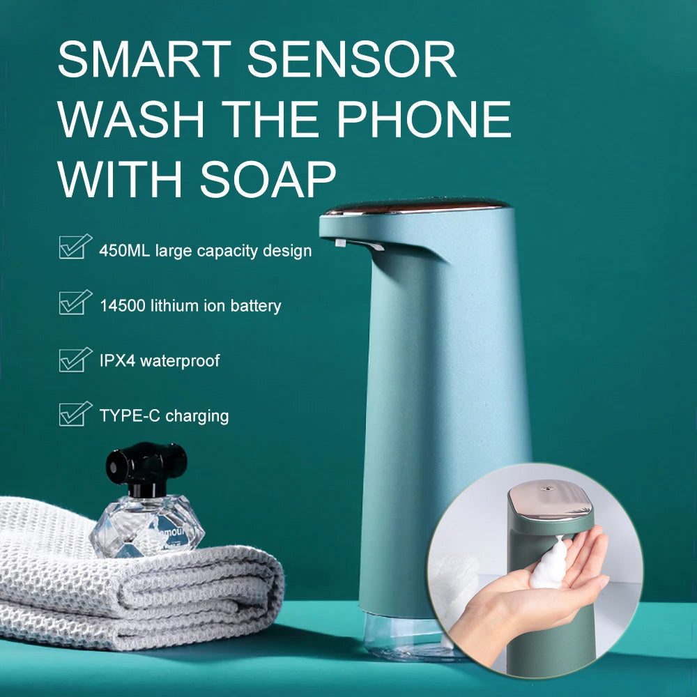 Light blue cylindrical smart sensor soap dispenser with a tapered top