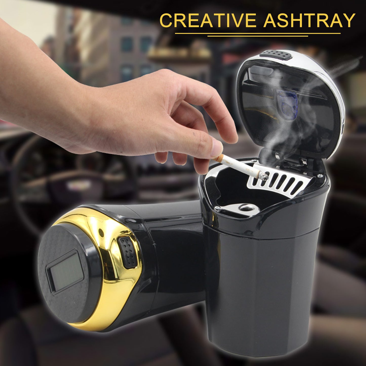 Solar-Powered Windproof Car Ashtray with LED Light