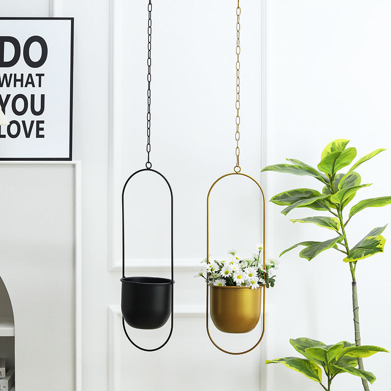 Black and Gold Hanging Planters with Oval Frame and Cylindrical Pot