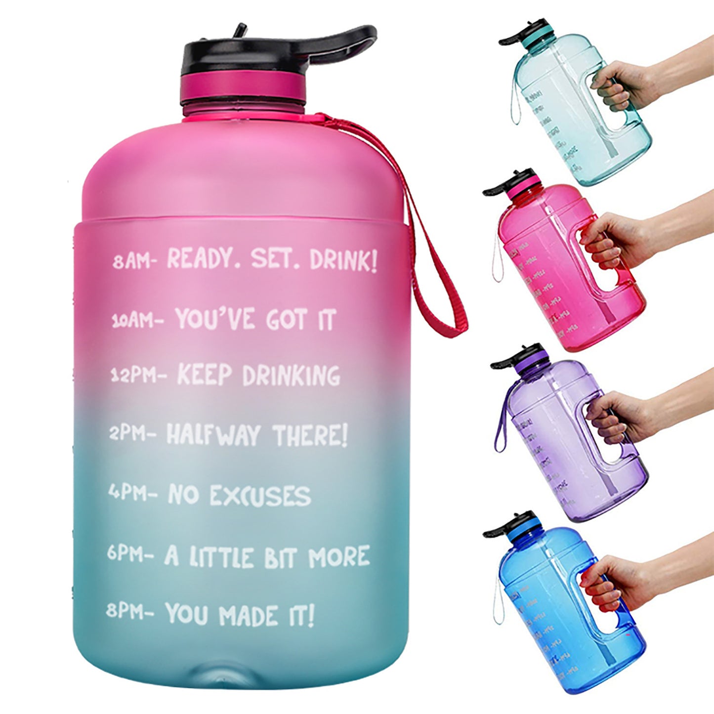 Large gradient pink to blue water bottle with time markers