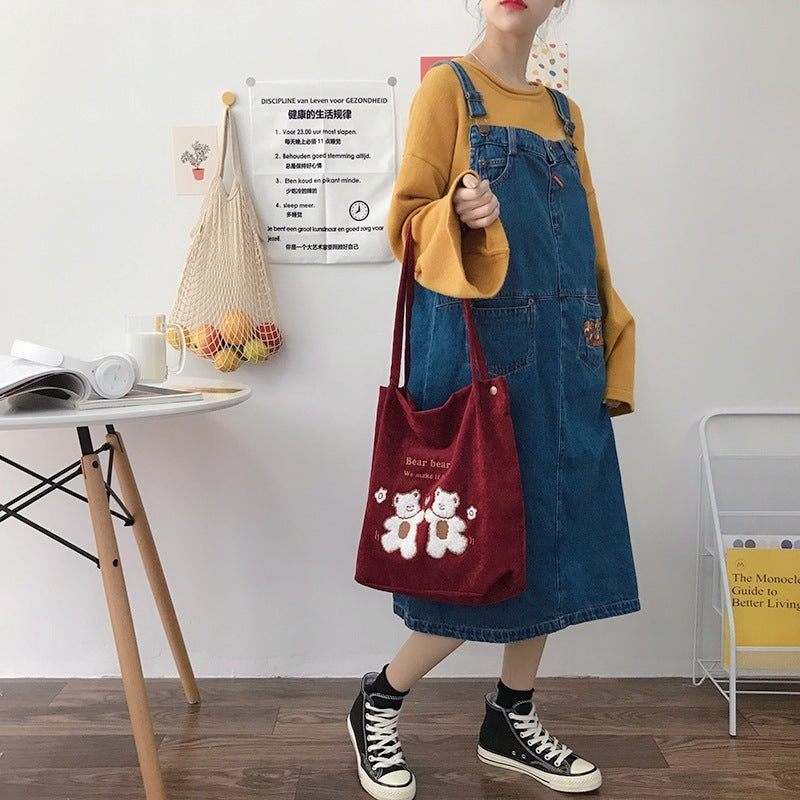 Eco-Friendly Corduroy Tote Bag with Lucky Bears Embroidery