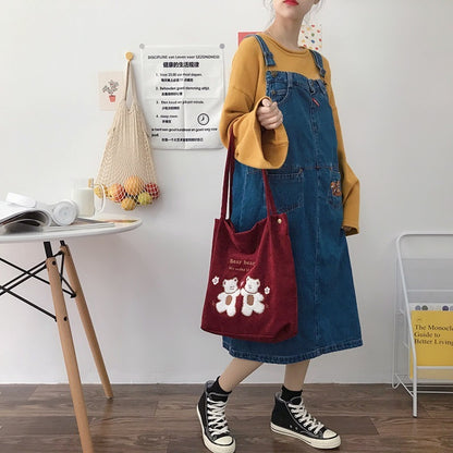 Eco-Friendly Corduroy Tote Bag with Lucky Bears Embroidery