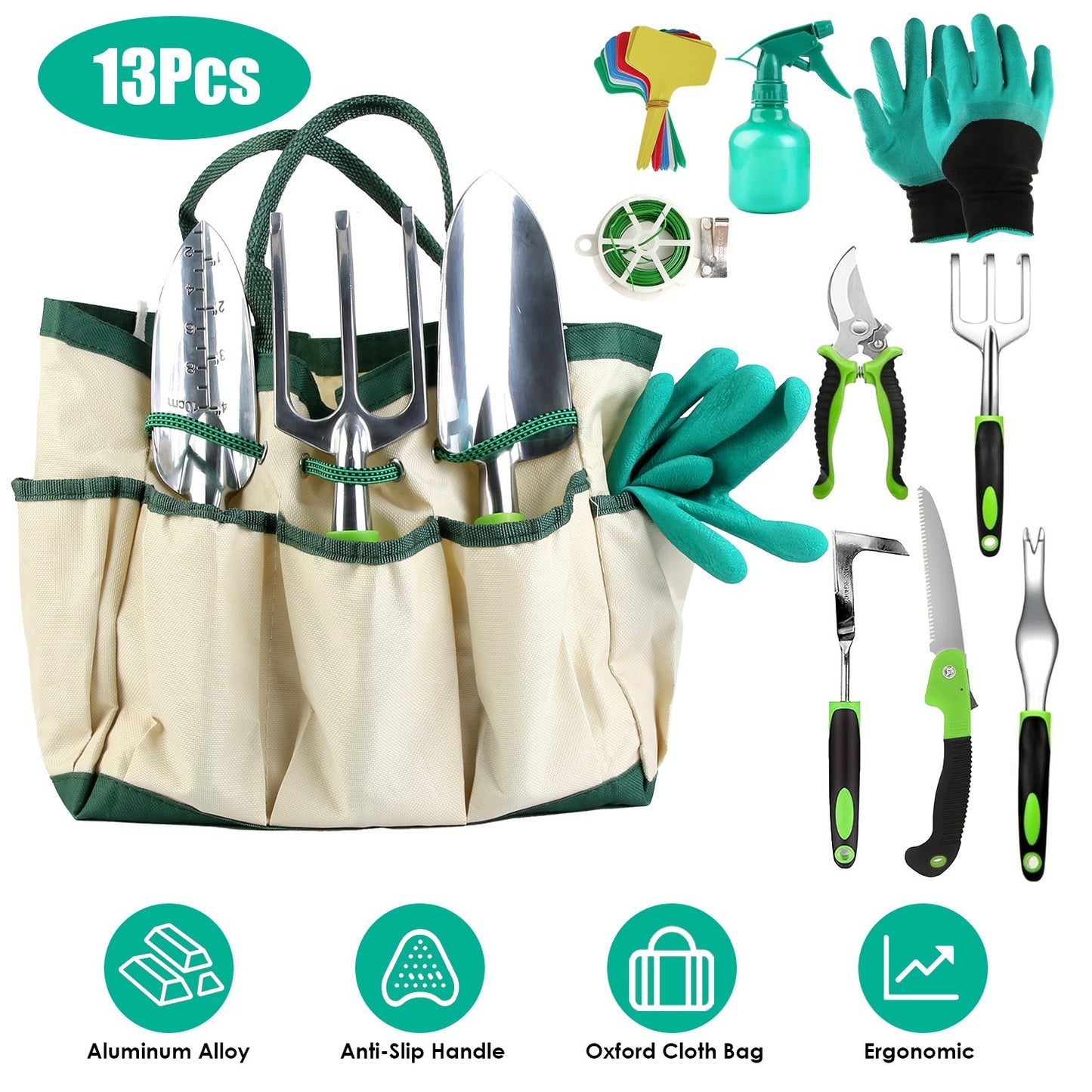 Eco-Friendly Gardening Tool Set with Durable Aluminum Tools and Reusable Bag