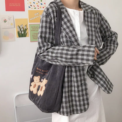 Eco-Friendly Corduroy Tote Bag with Lucky Bears Embroidery