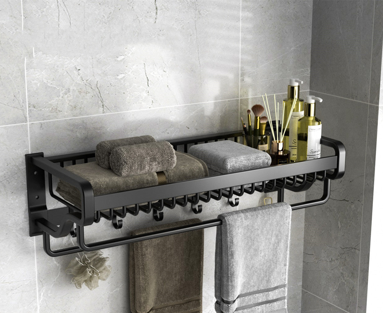 Wall-Mounted Space Aluminum Bathroom Shelf with Hooks (No Drill)