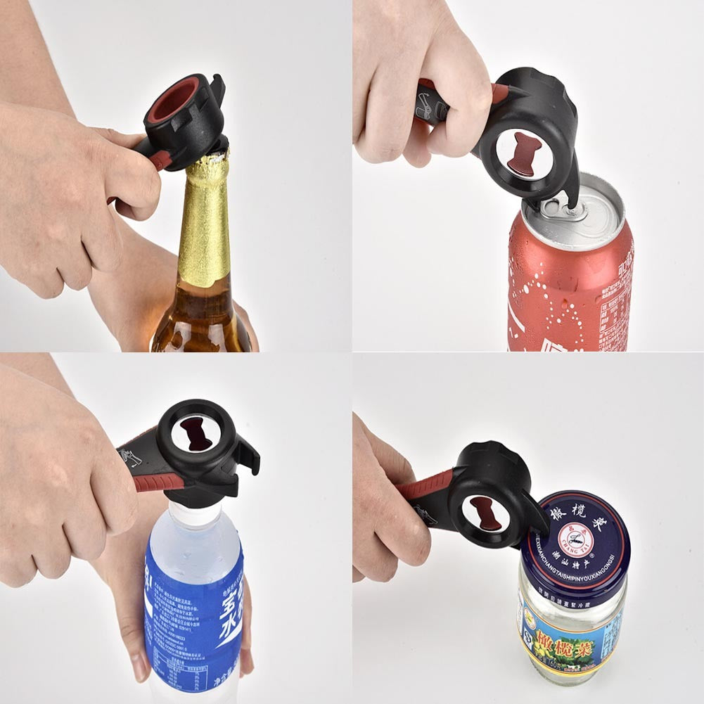 Multi-functional bottle and can opener with ergonomic handle