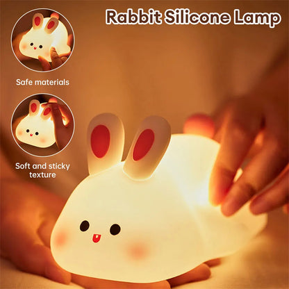 Bunny LED Night Light (5.6 × 4.3 × 3.3 in) – Touch Sensor Silicone Lamp with Timer, Rechargeable Kids Bedside Light