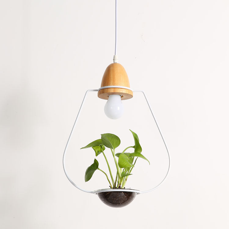 Teardrop Hanging Light Fixture with Integrated Planter - Black Frame, Wooden Accent