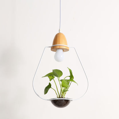 Teardrop Hanging Light Fixture with Integrated Planter - Black Frame, Wooden Accent
