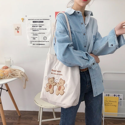 Eco-Friendly Corduroy Tote Bag with Lucky Bears Embroidery