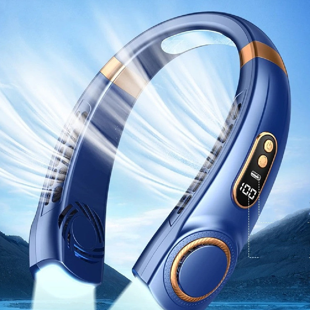 Eco-Friendly Portable Neck Fan in Blue with Gold Accents