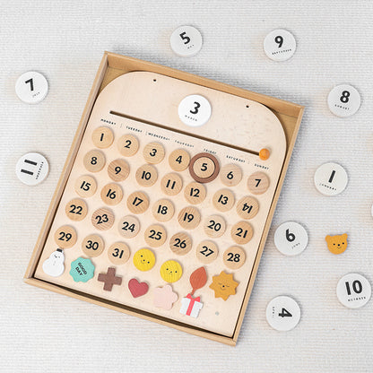 Eco-Friendly Perpetual Wooden Calendar with Natural Wood and Multicolored Accents