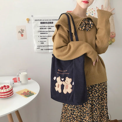 Eco-Friendly Corduroy Tote Bag with Lucky Bears Embroidery