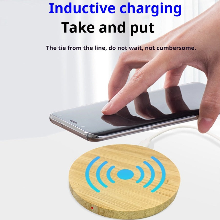 Eco-Friendly Bamboo Wireless Charger with Blue Charging Symbol