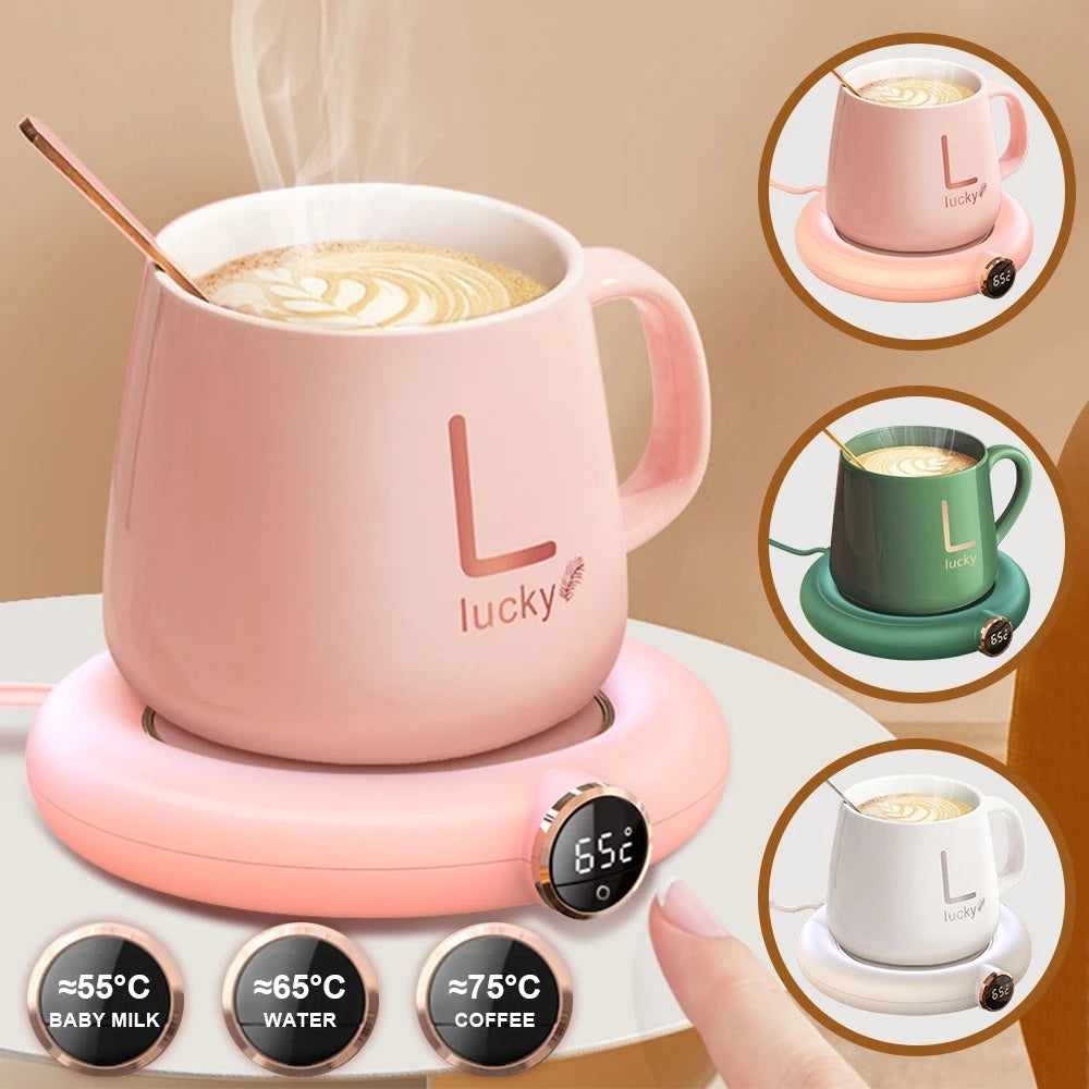 Eco-Friendly Electric Mug Warmer Set with Ceramic Mug in Pink, Green, and White