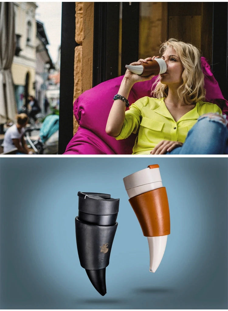 Creative Goat Horns Coffee Mug Cup Stainless Steel Vacuum Cup Thermos Flask Halloween Bar Lower Gift Tea Cups Water Bottle /Rope
