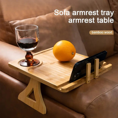 Bamboo Sofa Armrest Tray Table on a couch