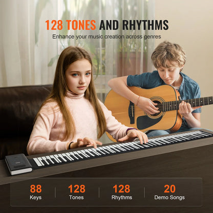 SucceBuy 88 Keys Roll Up Piano 128 Rhythms & Tones Portable Electric Digital Hand Roll Piano for Beginners, Rechargeable Battery