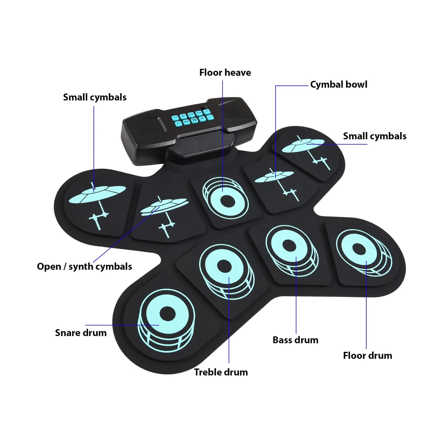 WGS505 Electronic Drum Set 9 Pads Hand Roll Drum with Dual Speaker Rechargeable Practice Drum Kit + Drumsticks + Foot Pedal