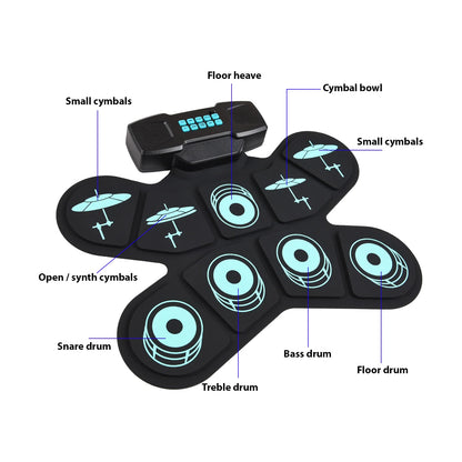 WGS505 Electronic Drum Set 9 Pads Hand Roll Drum with Dual Speaker Rechargeable Practice Drum Kit + Drumsticks + Foot Pedal