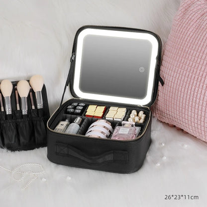 Portable LED Makeup Bag with Mirror&Light Large Capacity Travel Cosmetic Organizer Professional Handheld Cosmetic Storage Box