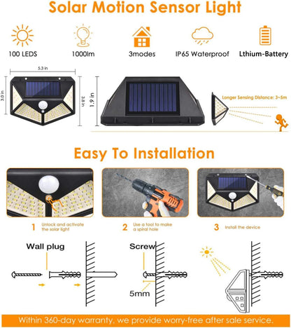 100 LED Outdoor Solar Wall Lamp Waterproof PIR Motion Sensor Solar Powered Sunlight Street Light for Garden Decoration