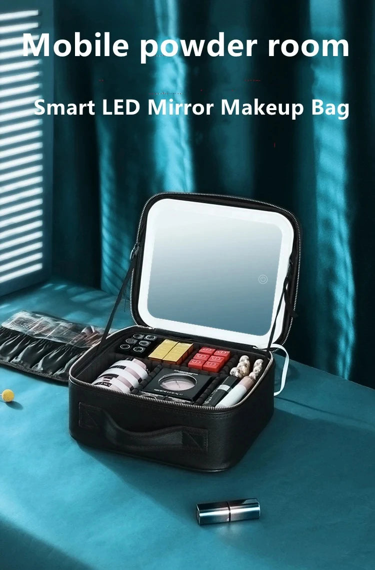 Portable LED Makeup Bag with Mirror&Light Large Capacity Travel Cosmetic Organizer Professional Handheld Cosmetic Storage Box