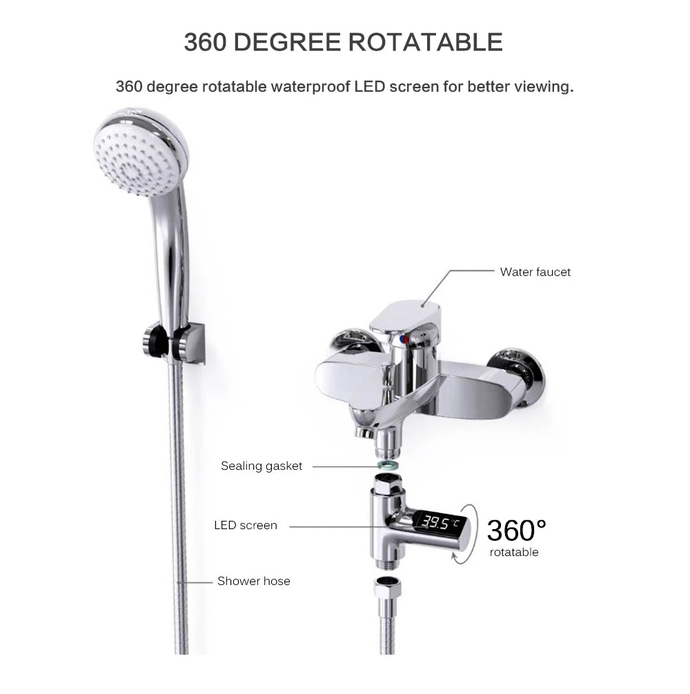 Smart LED Digital Shower Thermometer Kitchen Bathroom Faucet Shower Water Thermometer 360° Rotating Water Flow Power Generation