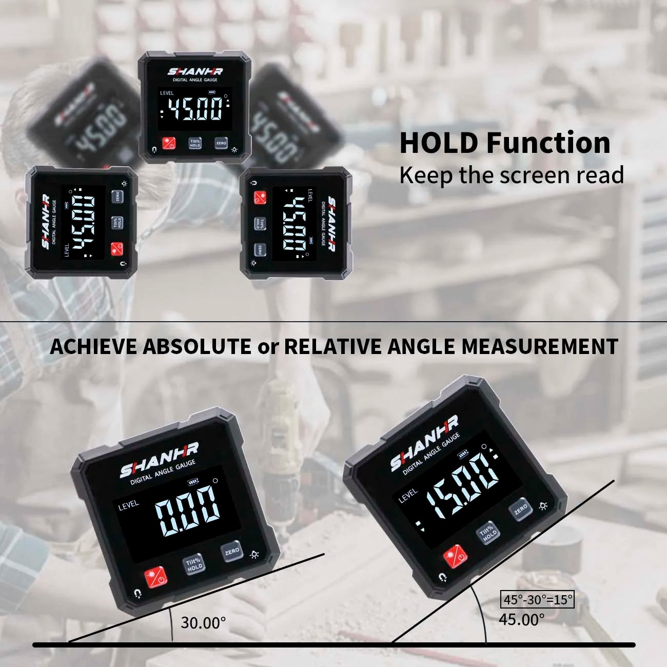 SHANHR Digital Angle Finder with Electronic Laser 4-Side Strong Magnetic Angle Gauge Woodworking Measuring Tool