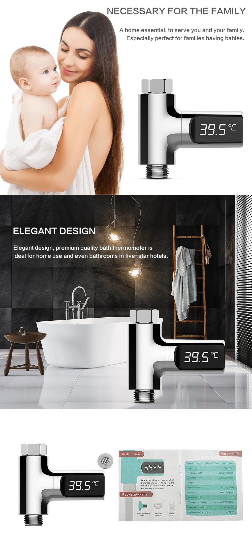 Smart LED Digital Shower Thermometer Kitchen Bathroom Faucet Shower Water Thermometer 360° Rotating Water Flow Power Generation