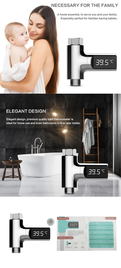 Smart LED Digital Shower Thermometer Kitchen Bathroom Faucet Shower Water Thermometer 360° Rotating Water Flow Power Generation