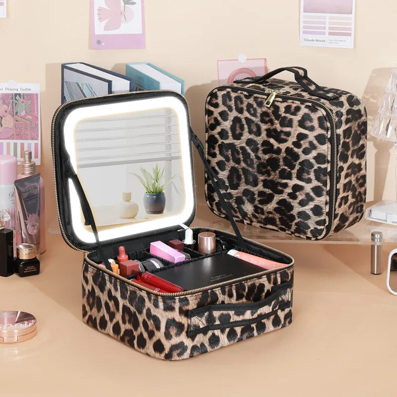 Portable LED Makeup Bag with Mirror&Light Large Capacity Travel Cosmetic Organizer Professional Handheld Cosmetic Storage Box
