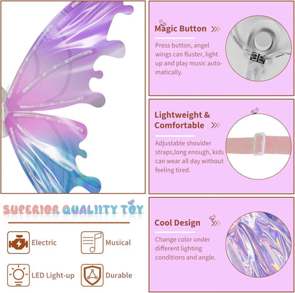 DIY Electric Fairy Wings for Girls, Light Up Moving Butterfly Wings with LED Lights and Music, Halloween，Christmas Gift