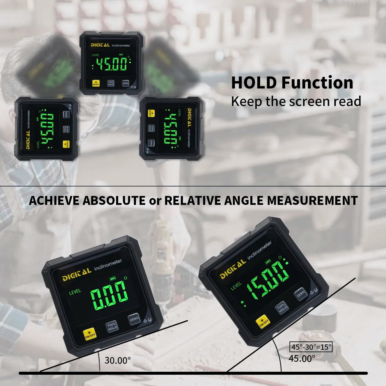 SHANHR Digital Angle Finder with Electronic Laser 4-Side Strong Magnetic Angle Gauge Woodworking Measuring Tool