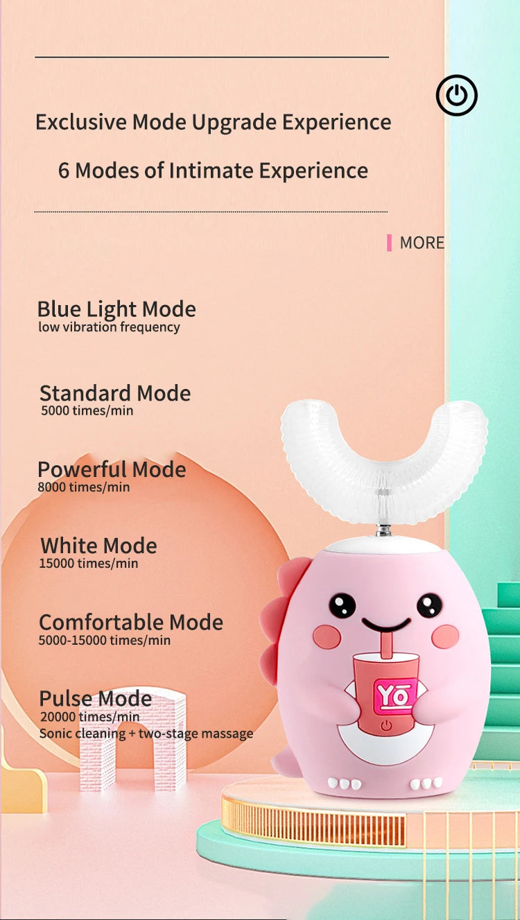 360° Sonic Electric Toothbrush for Kids Children U Shape Automatic Silicone Tooth Brush Smart Timer Rechargeable Blue Light IPX7