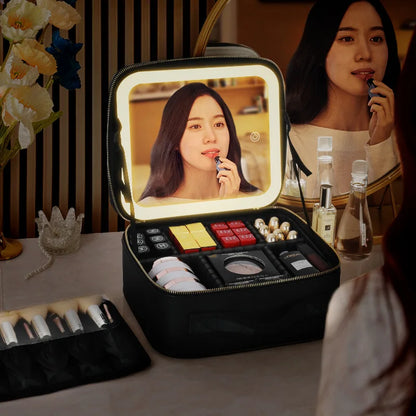 Portable LED Makeup Bag with Mirror&Light Large Capacity Travel Cosmetic Organizer Professional Handheld Cosmetic Storage Box