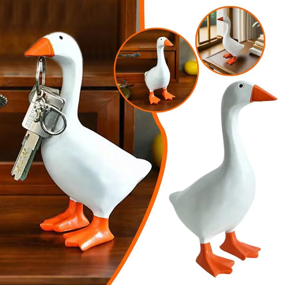 Figurines Goose Key Holder, Resin Goose Statue with Base for Key Hanger,Funny Keychain Hanging Rack for Home Office Table Decor