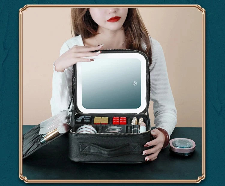 Portable LED Makeup Bag with Mirror&Light Large Capacity Travel Cosmetic Organizer Professional Handheld Cosmetic Storage Box