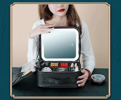 Portable LED Makeup Bag with Mirror&Light Large Capacity Travel Cosmetic Organizer Professional Handheld Cosmetic Storage Box