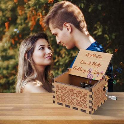 Vintage Engraving Wooden Music Box Hand-cranked Music Box Can't Help Falling in Love Music Box Wife Birthday Valentines Day Gift