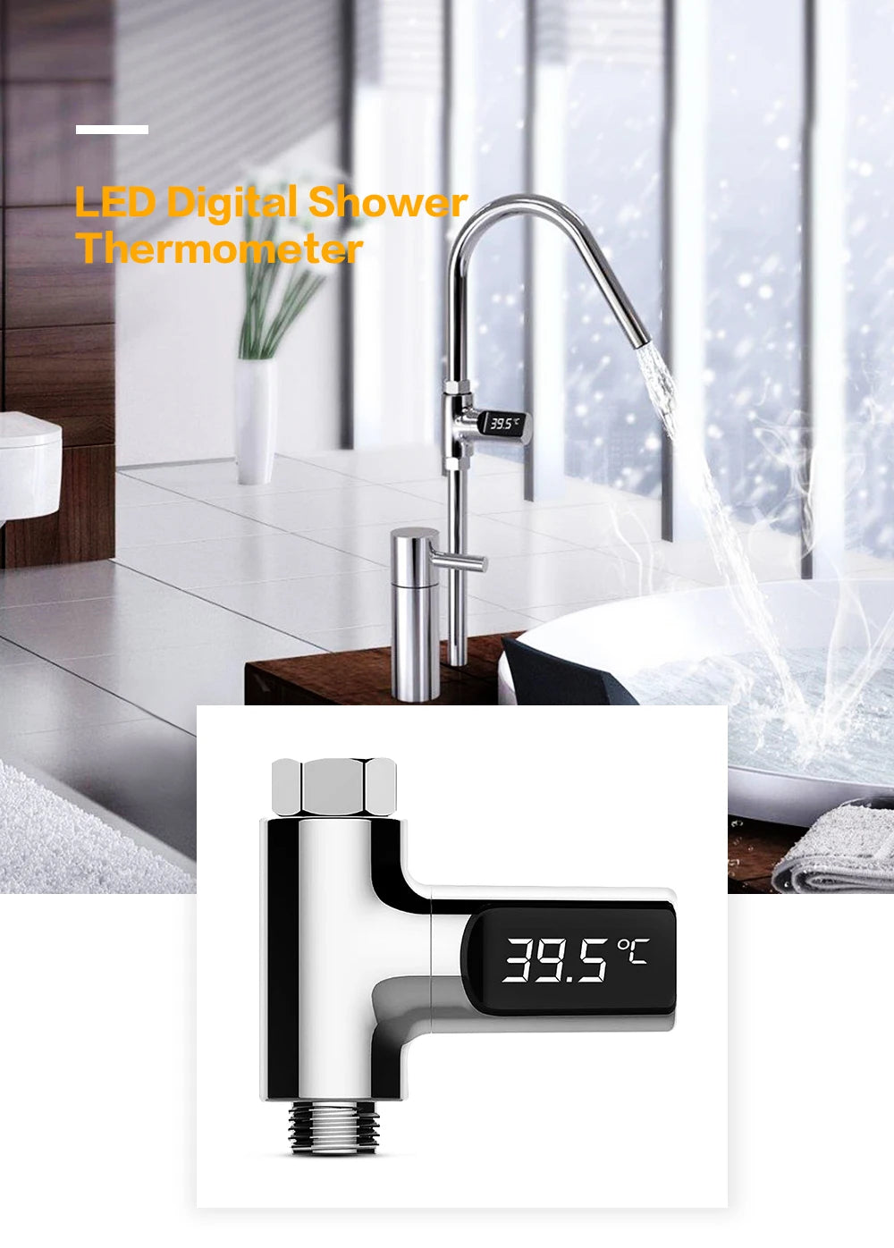 Smart LED Digital Shower Thermometer Kitchen Bathroom Faucet Shower Water Thermometer 360° Rotating Water Flow Power Generation
