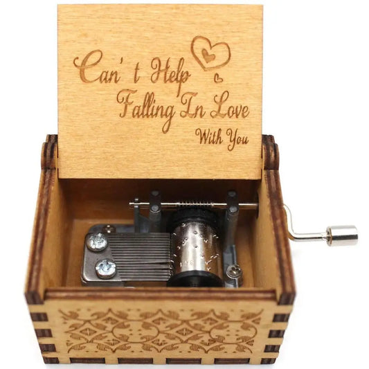 Vintage Engraving Wooden Music Box Hand-cranked Music Box Can't Help Falling in Love Music Box Wife Birthday Valentines Day Gift