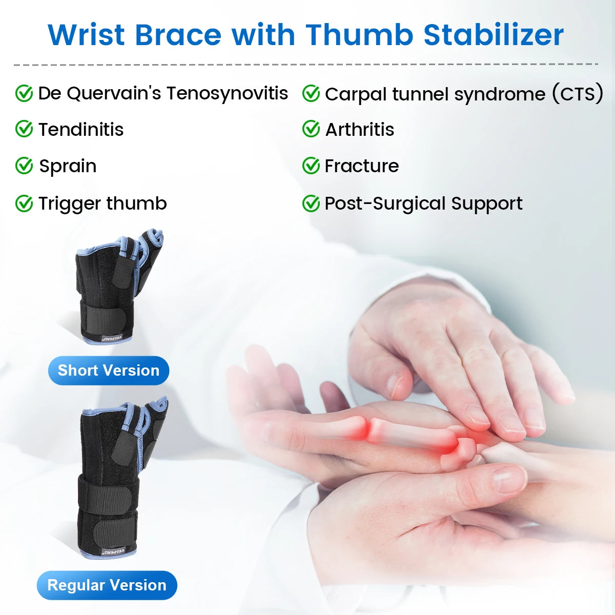 VELPEAU Wrist Splint with Thumb Stabilizer for Tendonitis, De Quervain's Tenosynovitis and Arthritis Pain, Wrist Joint Brace