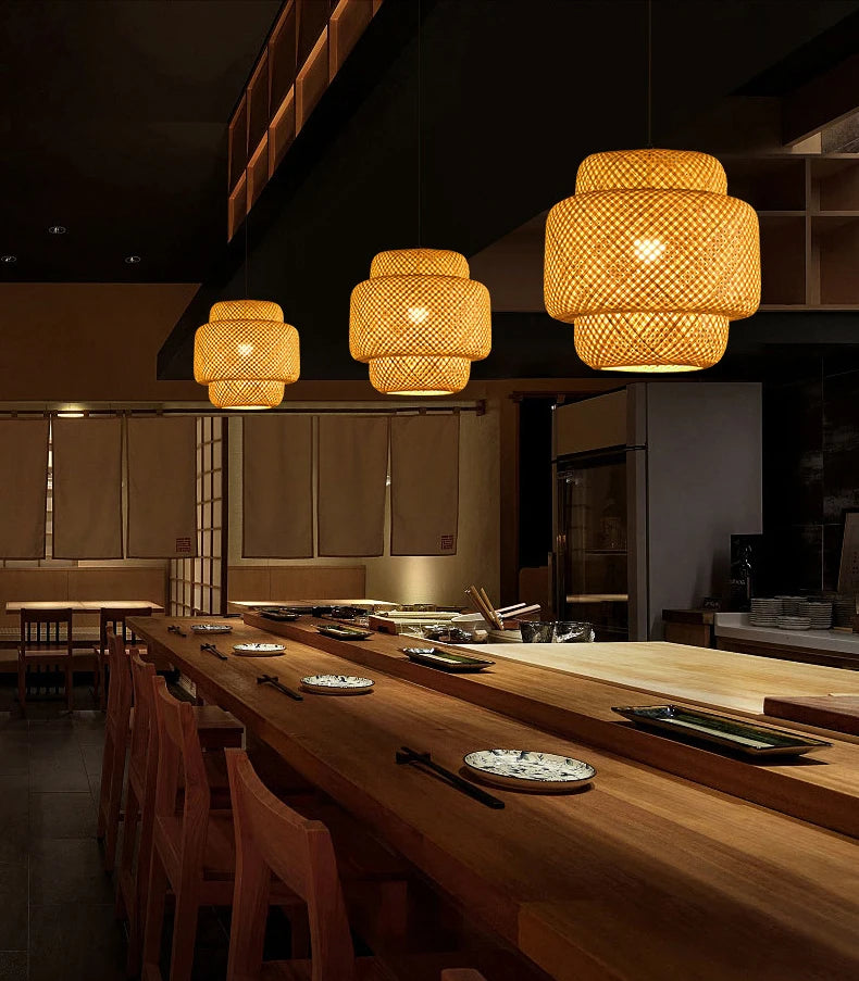 Bamboo Lantern 30cm Pendant Lamp Natural Rattan Wicker E27 LED Chandeliers Hand-Woven Lampshades Lighting Fixture Hanging Light